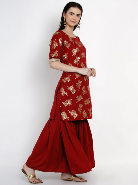 Maroon Polyester Kurta With Sharara -WRKS016