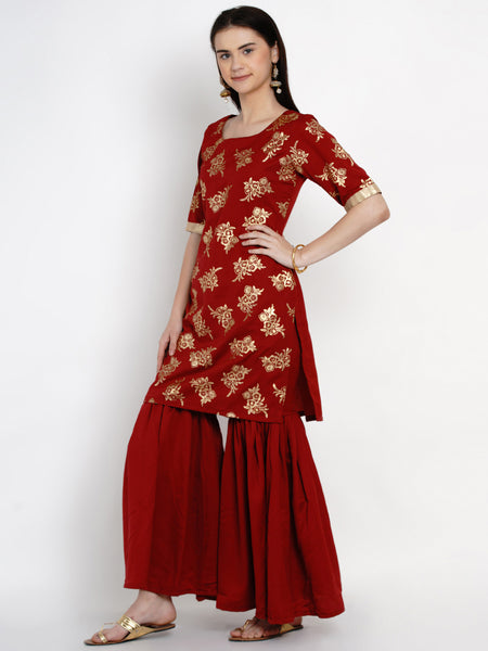 Maroon Polyester Kurta With Sharara -WRKS016