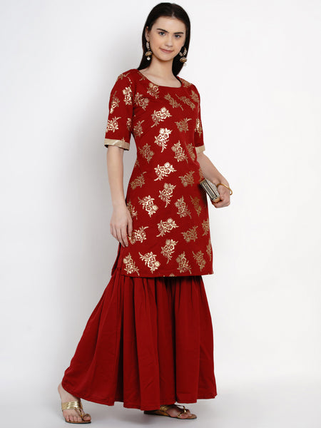 Maroon Polyester Kurta With Sharara -WRKS016