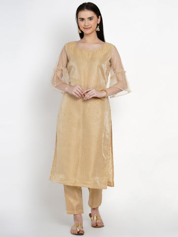 Golden Net Kurta With Pant-WRKS024