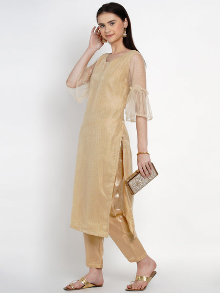 Golden Net Kurta With Pant-WRKS024