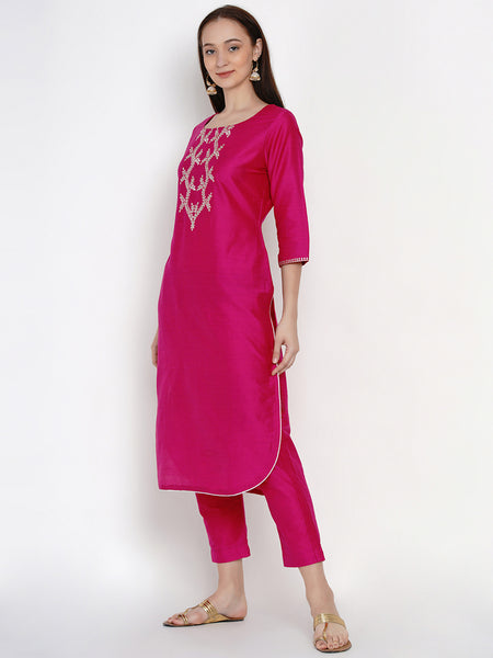 Pink Cotton Blended Embroidered Kurta With Pant-WRKS023