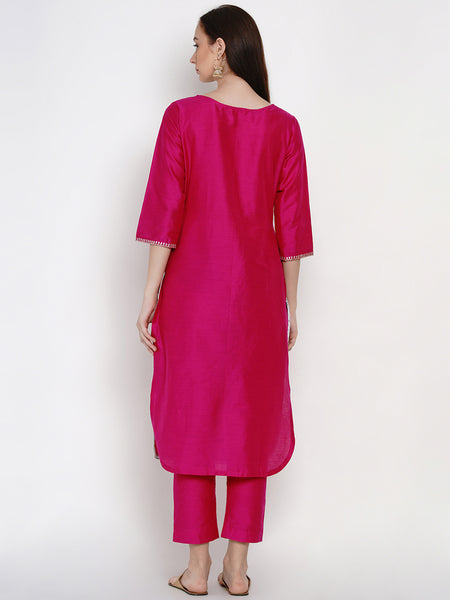 Pink Cotton Blended Embroidered Kurta With Pant-WRKS023