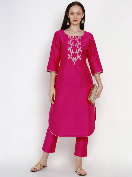 Pink Cotton Blended Embroidered Kurta With Pant-WRKS023