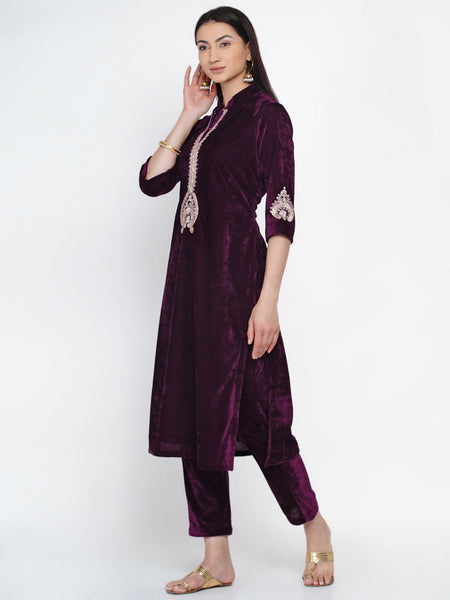 Burgundy Velvet Embellished Kurta with Pant- WRKS026