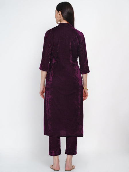 Burgundy Velvet Embellished Kurta with Pant- WRKS026