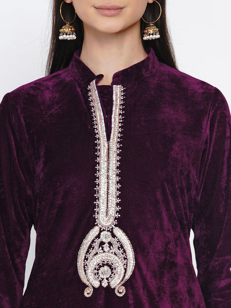 Burgundy Velvet Embellished Kurta with Pant- WRKS026