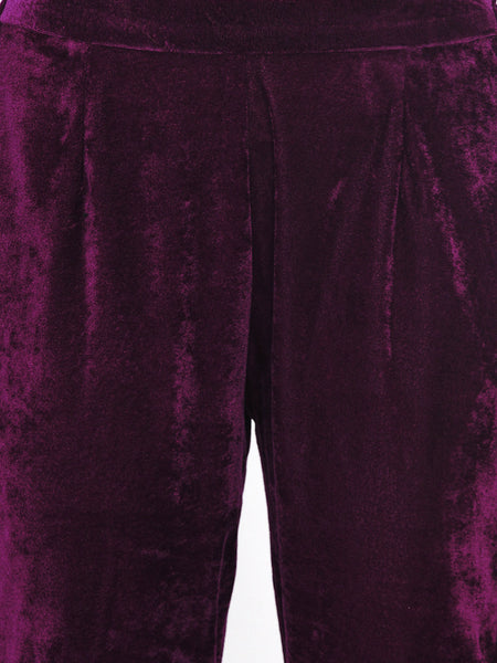 Burgundy Velvet Embellished Kurta with Pant- WRKS026