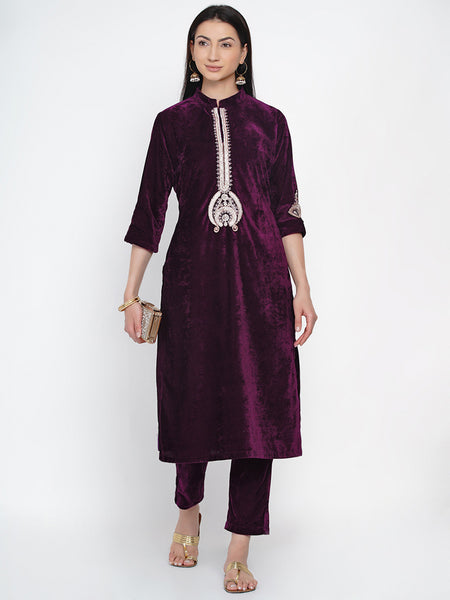 Burgundy Velvet Embellished Kurta with Pant- WRKS026