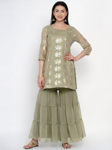 Green Gold Foil Printed Kurta With Sharara- WRKS030