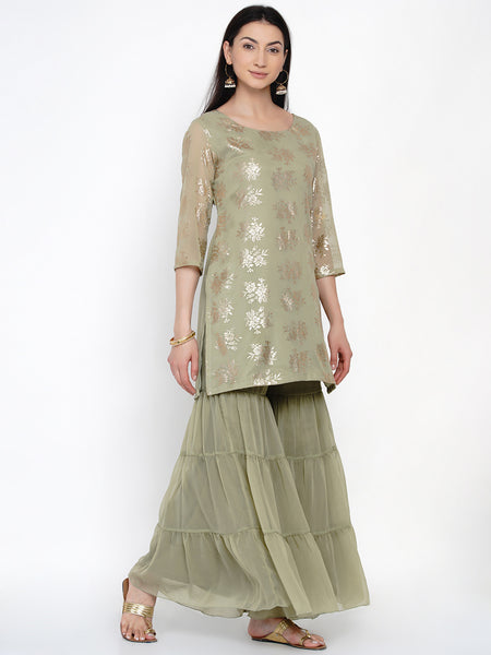 Green Gold Foil Printed Kurta With Sharara- WRKS030