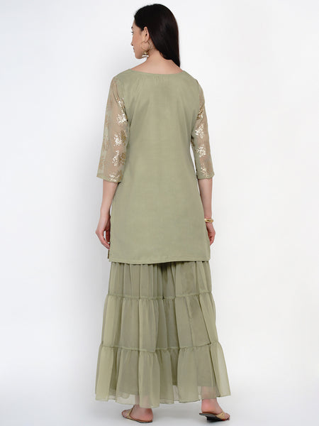 Green Gold Foil Printed Kurta With Sharara- WRKS030