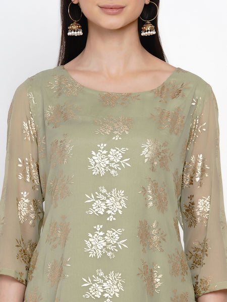 Green Gold Foil Printed Kurta With Sharara- WRKS030