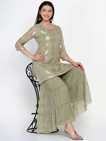 Green Gold Foil Printed Kurta With Sharara- WRKS030