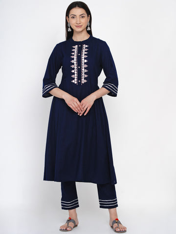 Navy Blue Embroidered Kurta With Pant- WRKS034