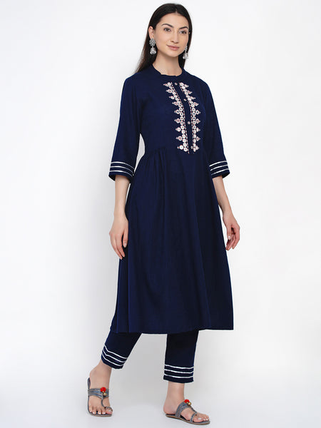 Navy Blue Embroidered Kurta With Pant- WRKS034