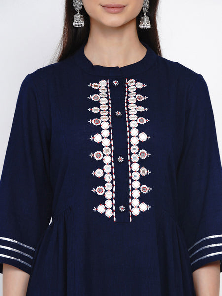Navy Blue Embroidered Kurta With Pant- WRKS034