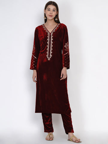 Maroon Velvet Embroidered Kurta with Pant- WRKS036