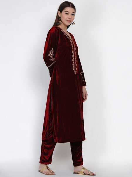 Maroon Velvet Embroidered Kurta with Pant- WRKS036