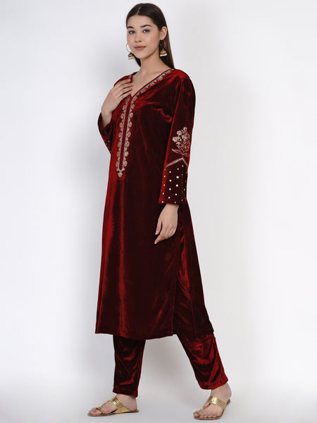 Maroon Velvet Embroidered Kurta with Pant- WRKS036
