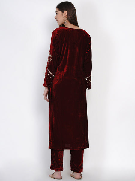Maroon Velvet Embroidered Kurta with Pant- WRKS036