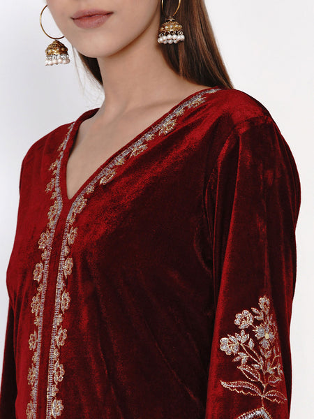 Maroon Velvet Embroidered Kurta with Pant- WRKS036
