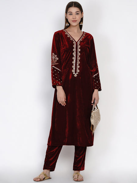 Maroon Velvet Embroidered Kurta with Pant- WRKS036