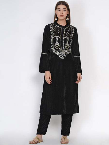 Black Velvet Embroidered Kurta with Pant- WRKS037