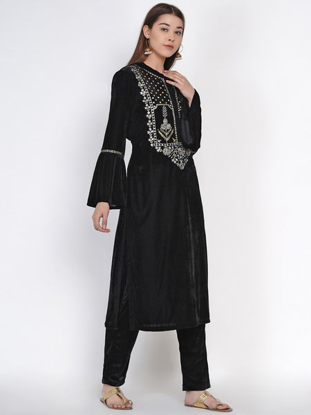 Black Velvet Embroidered Kurta with Pant- WRKS037