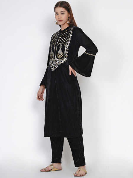 Black Velvet Embroidered Kurta with Pant- WRKS037