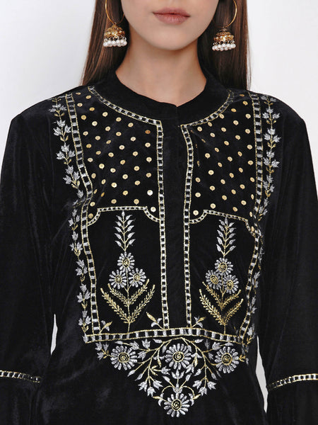 Black Velvet Embroidered Kurta with Pant- WRKS037
