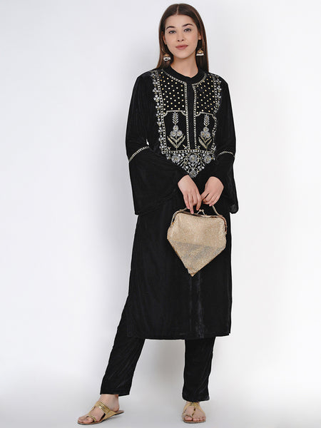 Black Velvet Embroidered Kurta with Pant- WRKS037