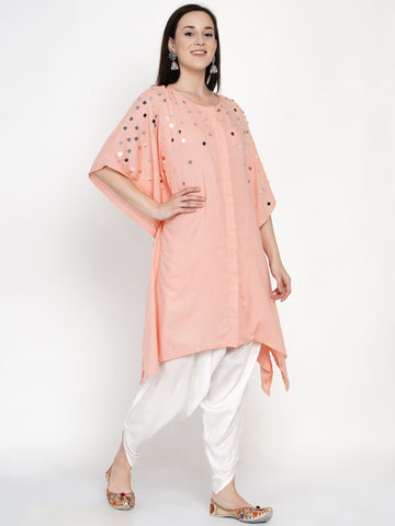 Peach Rayon Hand Embellished Kaftan With Tulip Pants- WRKS040