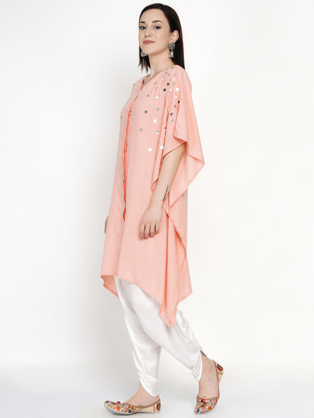 Peach Rayon Hand Embellished Kaftan With Tulip Pants- WRKS040