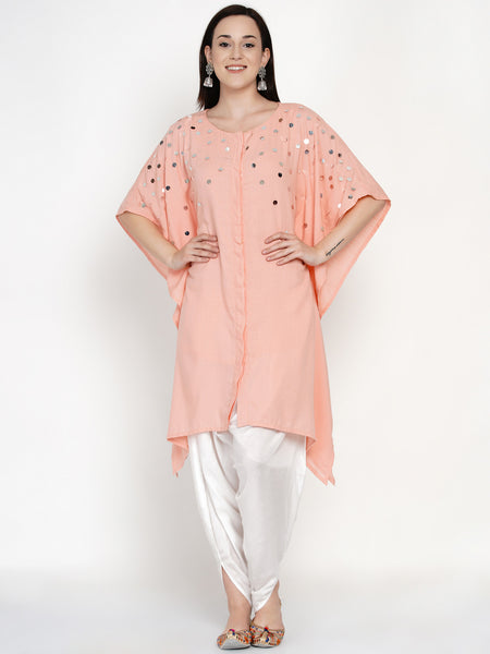 Peach Rayon Hand Embellished Kaftan With Tulip Pants- WRKS040