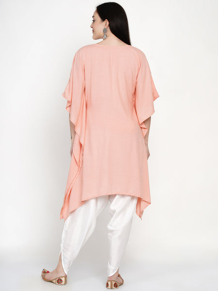 Peach Rayon Hand Embellished Kaftan With Tulip Pants- WRKS040