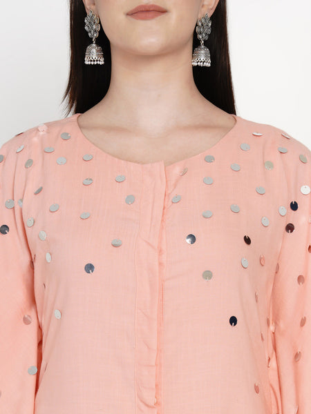 Peach Rayon Hand Embellished Kaftan With Tulip Pants- WRKS040