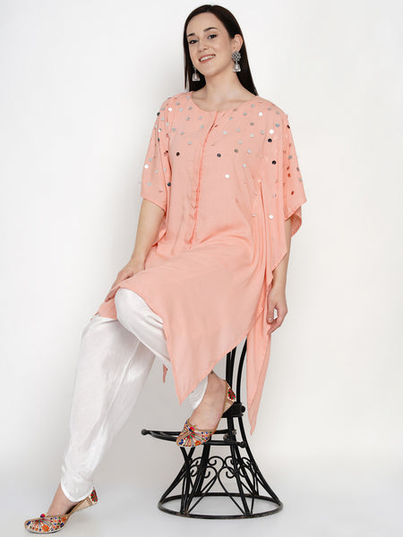 Peach Rayon Hand Embellished Kaftan With Tulip Pants- WRKS040