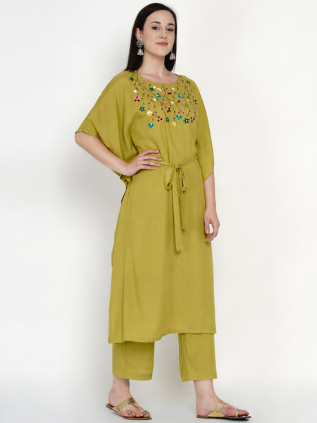 Green Rayon Embroidered Kaftan With Belt and Palazzo- WRKS042