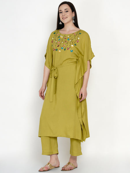 Green Rayon Embroidered Kaftan With Belt and Palazzo- WRKS042