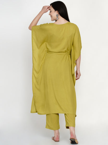 Green Rayon Embroidered Kaftan With Belt and Palazzo- WRKS042