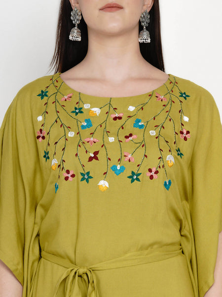 Green Rayon Embroidered Kaftan With Belt and Palazzo- WRKS042