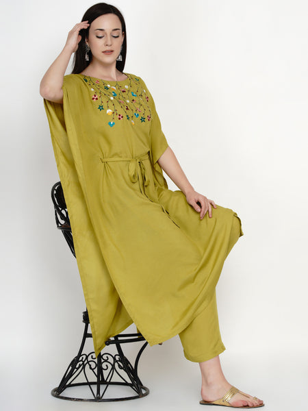 Green Rayon Embroidered Kaftan With Belt and Palazzo- WRKS042