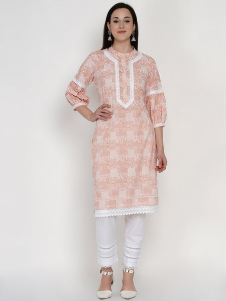 Peach Cotton Khadi Hand Printed Kurta with Bishop Sleeves