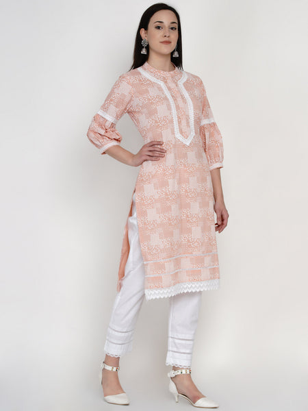 Peach Cotton Khadi Hand Printed Kurta with Bishop Sleeves