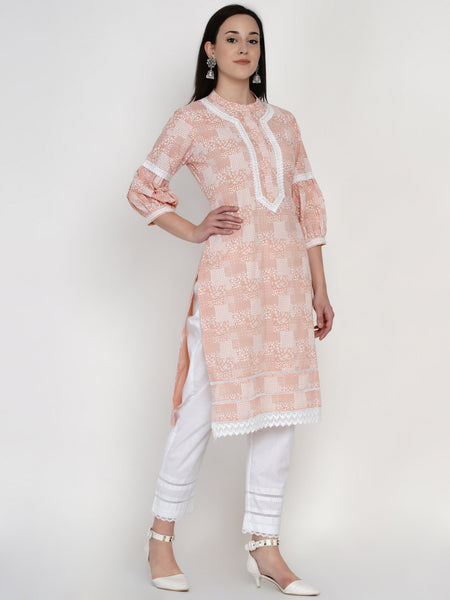 Peach Cotton Khadi Hand Printed Kurta with Bishop Sleeves and Pant- WRKS046