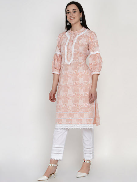 Peach Cotton Khadi Hand Printed Kurta with Bishop Sleeves