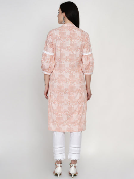 Peach Cotton Khadi Hand Printed Kurta with Bishop Sleeves