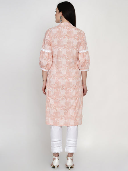 Peach Cotton Khadi Hand Printed Kurta with Bishop Sleeves and Pant- WRKS046