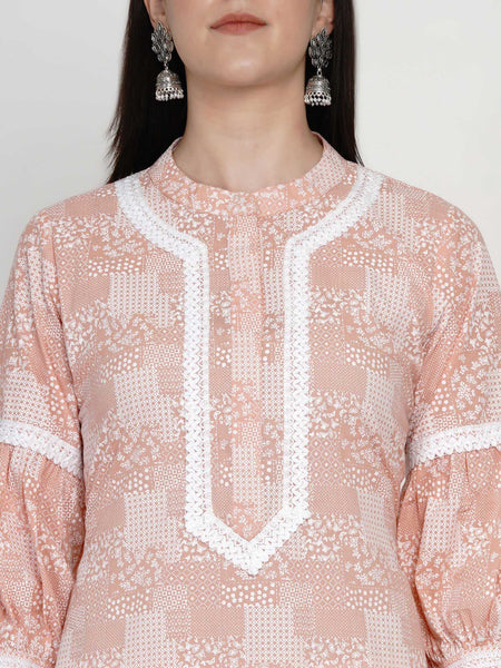 Peach Cotton Khadi Hand Printed Kurta with Bishop Sleeves and Pant- WRKS046